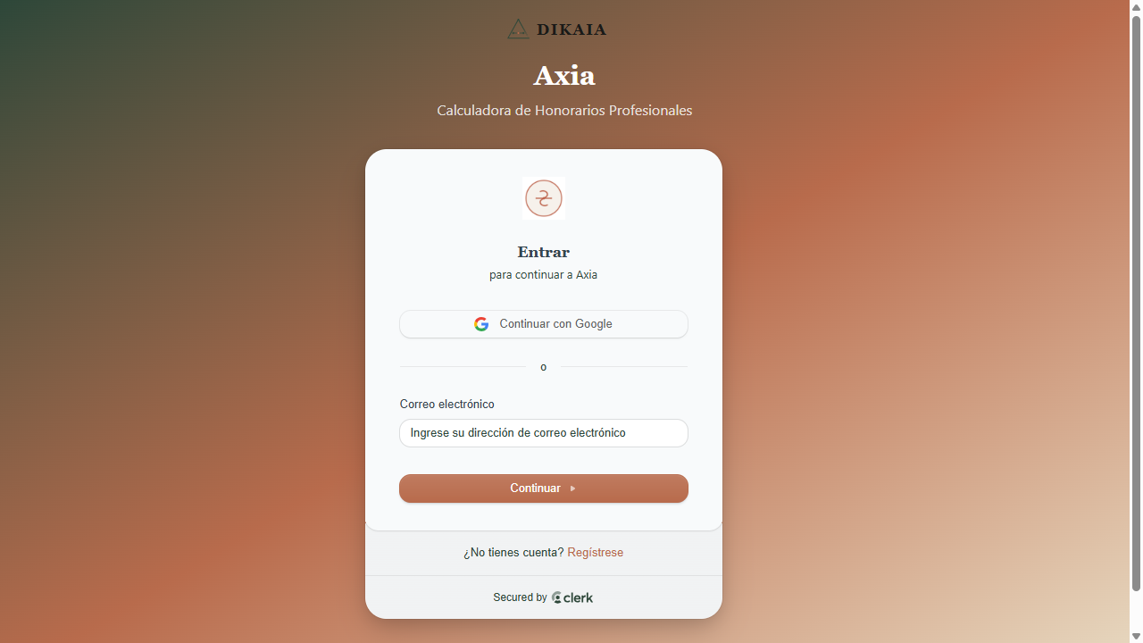 Pantalla de inicio de sesión de AXIA