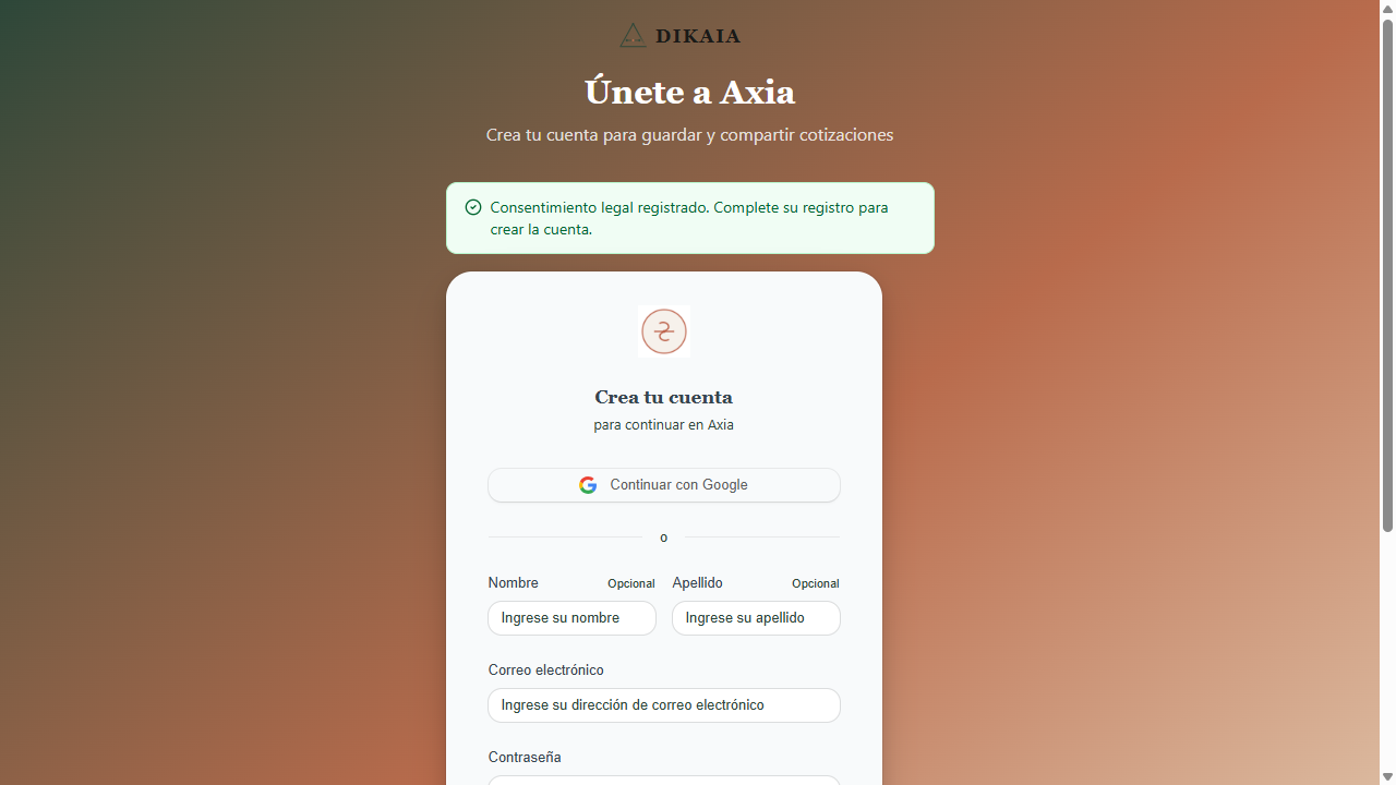Pantalla de registro de AXIA con formulario de Clerk