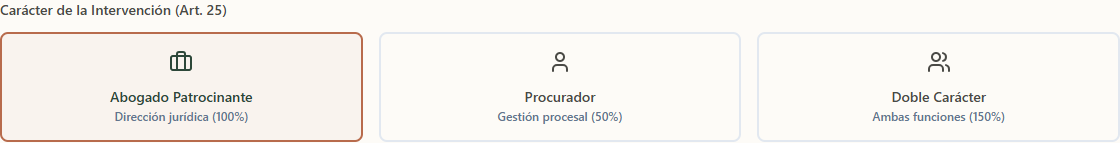 Carácter de la intervención (Art. 25) con las opciones Abogado Patrocinante 100 %, Procurador 50 % y Doble Carácter 150 %