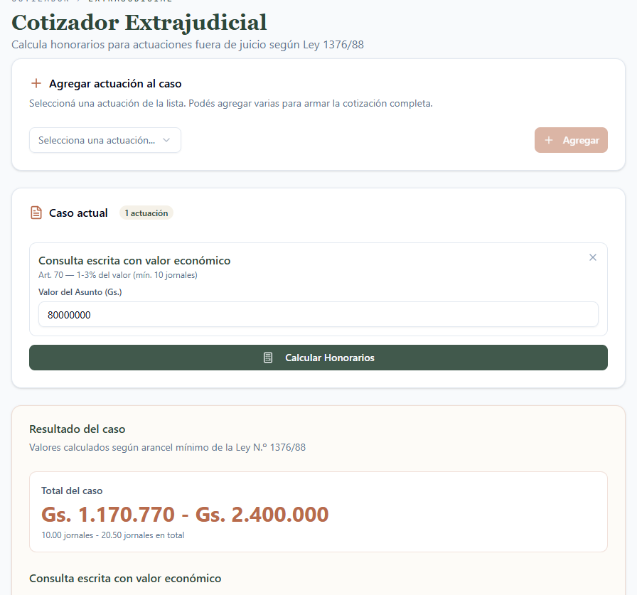 Cotizador extrajudicial con una consulta escrita del Art. 70 sobre un valor de Gs. 80.000.000 y su resultado entre Gs. 1.170.770 y Gs. 2.400.000