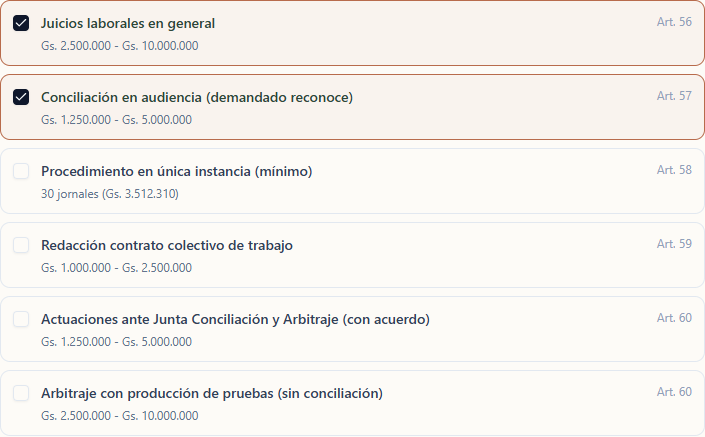 Actuaciones laborales con casilla de selección, artículo de la Ley 1376/88 y rango de honorarios; las dos primeras aparecen marcadas