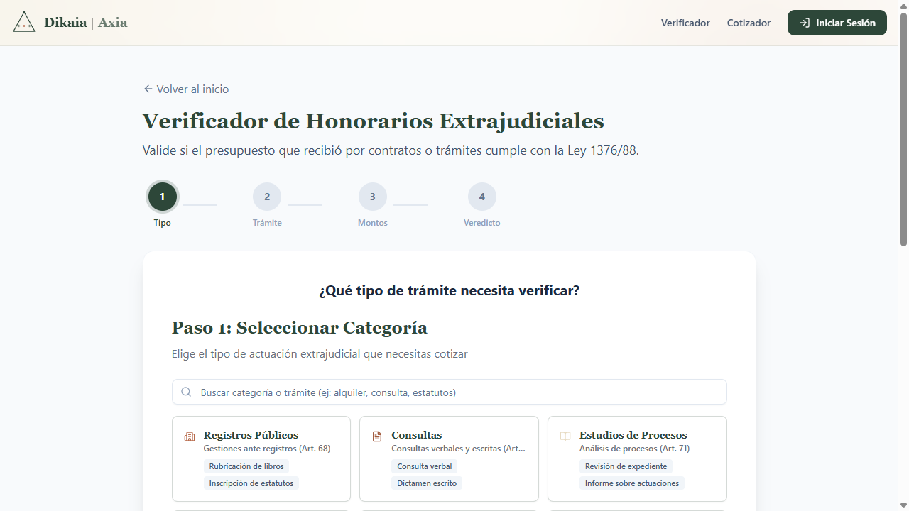 Verificador extrajudicial mostrando las categorías de servicios