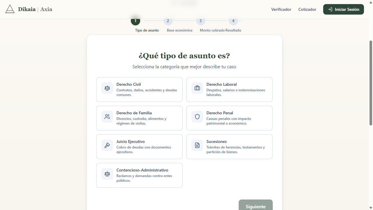 Paso 1: Selección del tipo de asunto con las categorías disponibles