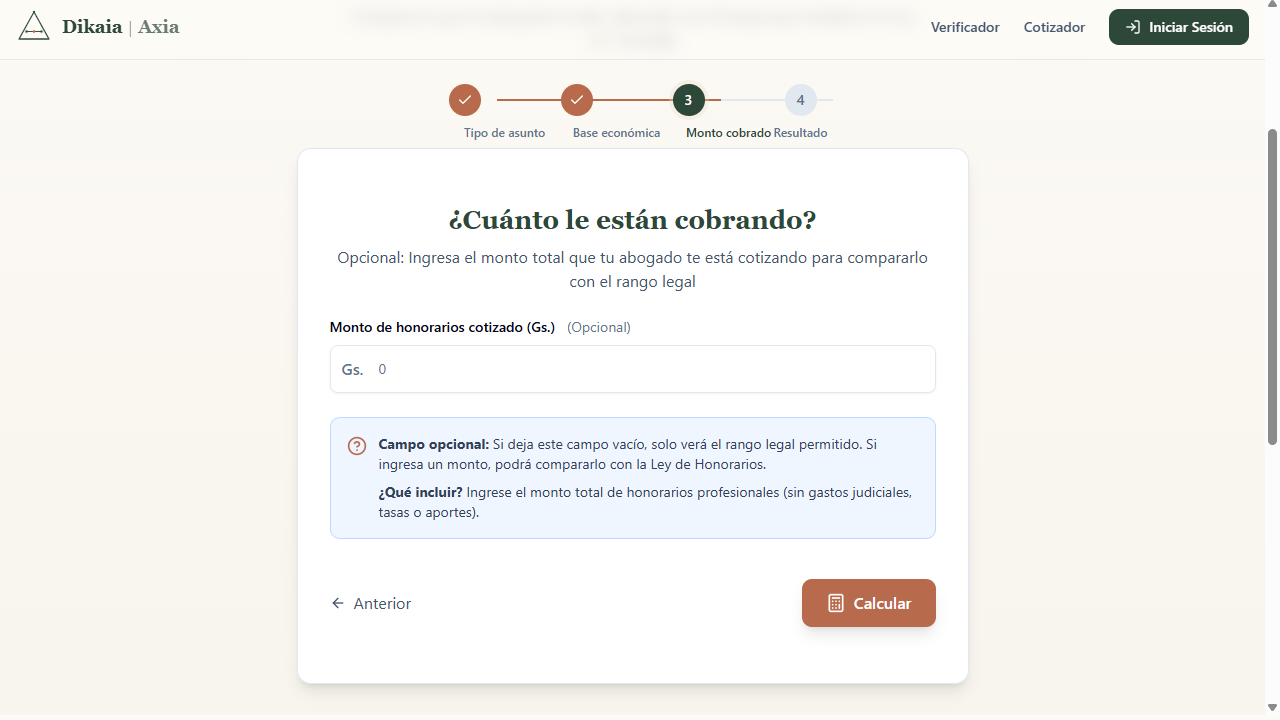 Paso 3: Ingreso del monto cobrado por el abogado y botón Calcular