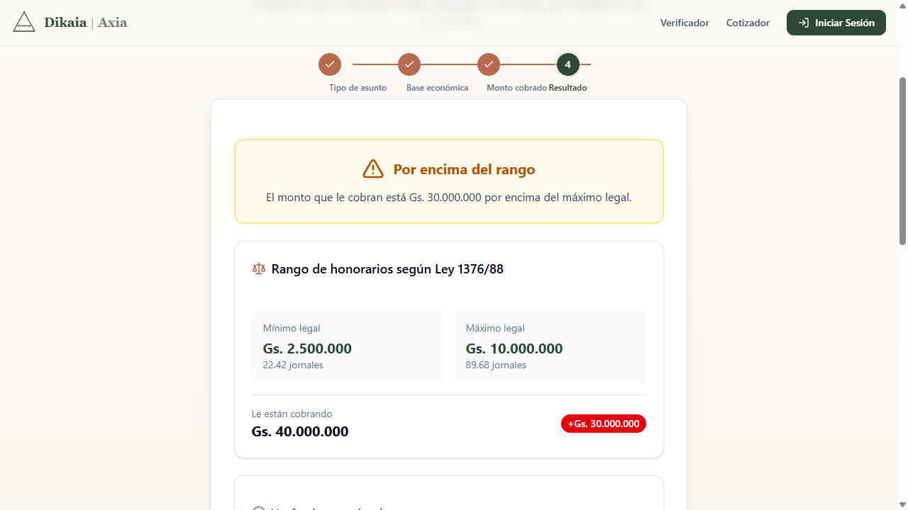 Resultado rojo: el honorario excede el máximo legal