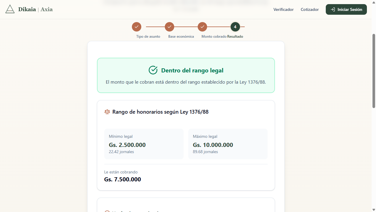 Resultado verde: el honorario está dentro del rango legal