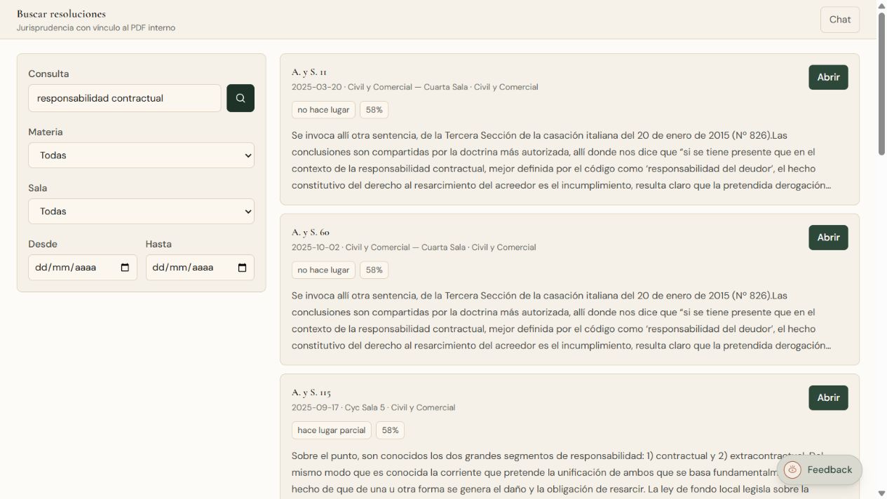 Buscador de resoluciones con filtros y resultados sobre responsabilidad contractual