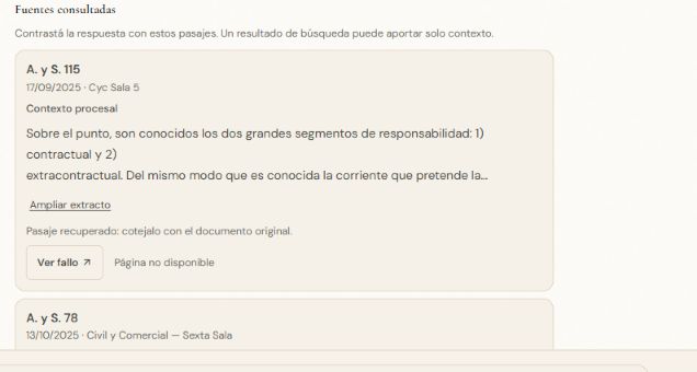 Tarjeta de fuente con atribución, extracto ampliable y botón Ver fallo