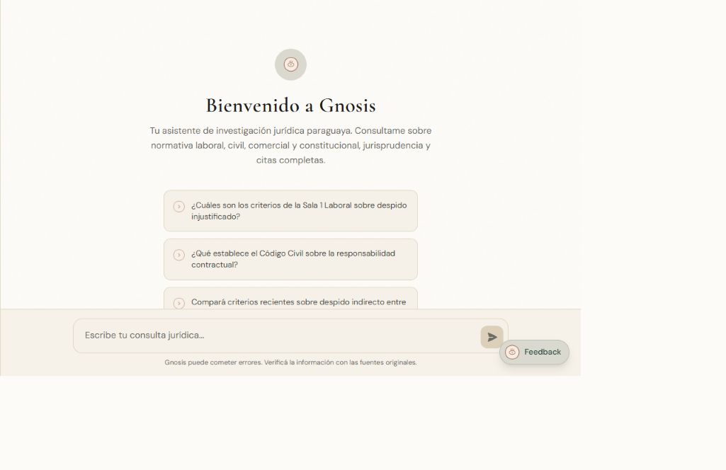 Pantalla inicial de Gnosis con preguntas sugeridas y campo de consulta