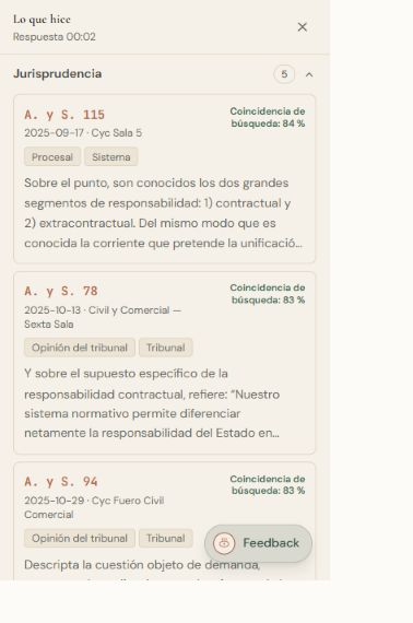 Panel Lo que hice con resultados de jurisprudencia y coincidencia de búsqueda