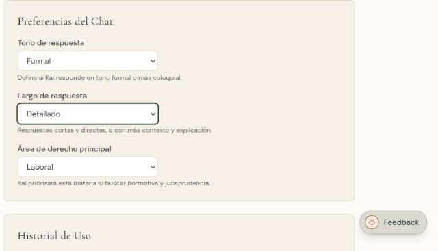 Preferencias del chat: tono, largo y área de derecho principal