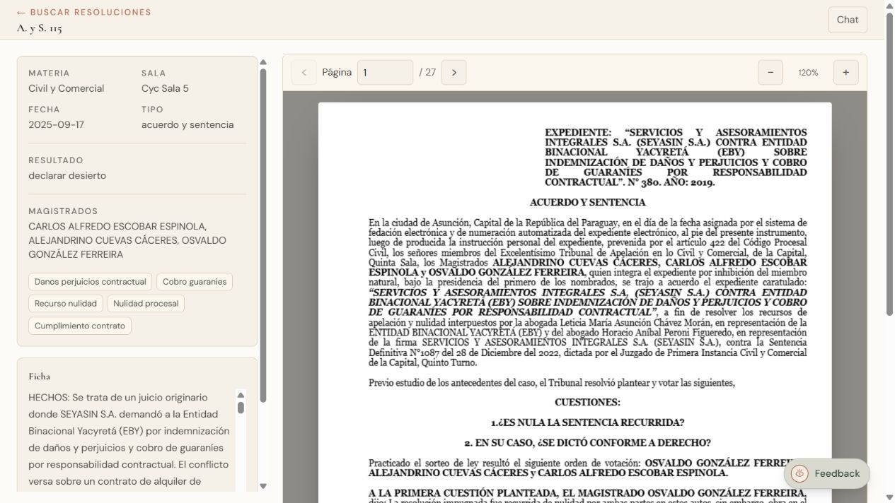 Visor de una resolución con ficha y controles de navegación del PDF